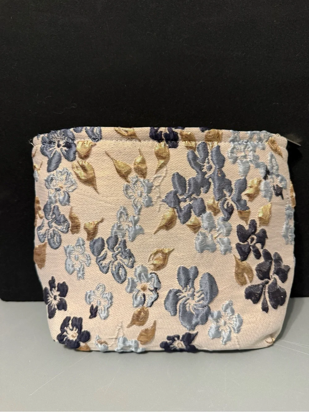 Pleasant Time Floral Embroidered Cosmetic Bag - Blue & Gold Flowers